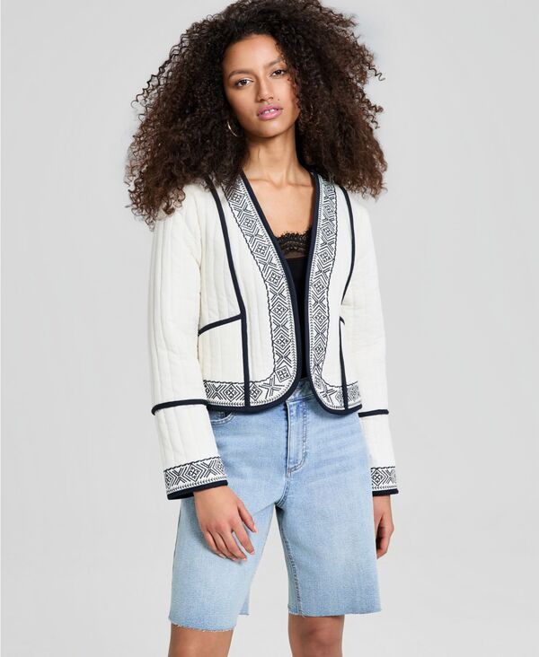 アンドノウディス レディース アウター ジャケット・ブルゾン コットン 刺繍 And Now This Womens Embroidered Seamed Cotton Jacket Macys Exclusive Off White オフホワイト