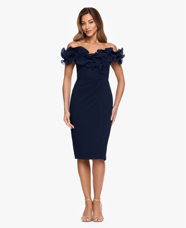 エスケープ レディース トップス ワンピース クレープ フリル スキューバ XSCAPE Womens Ruffled OffTheShoulder Scuba Crepe Dress NAVY ネイビー