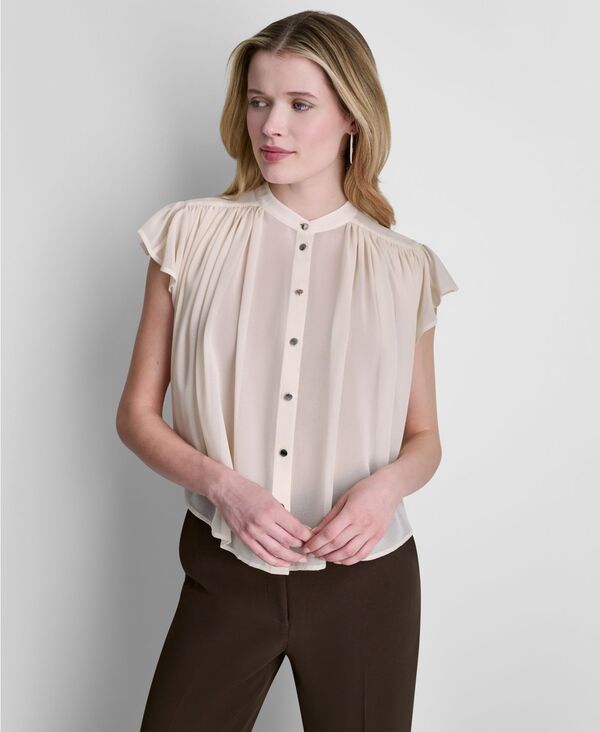 ダナ キャラン ニューヨーク レディース トップス シャツ シフォン クルーネック プチ ブラウス DKNY Petite Woven Chiffon Crewneck Blouse Coconut