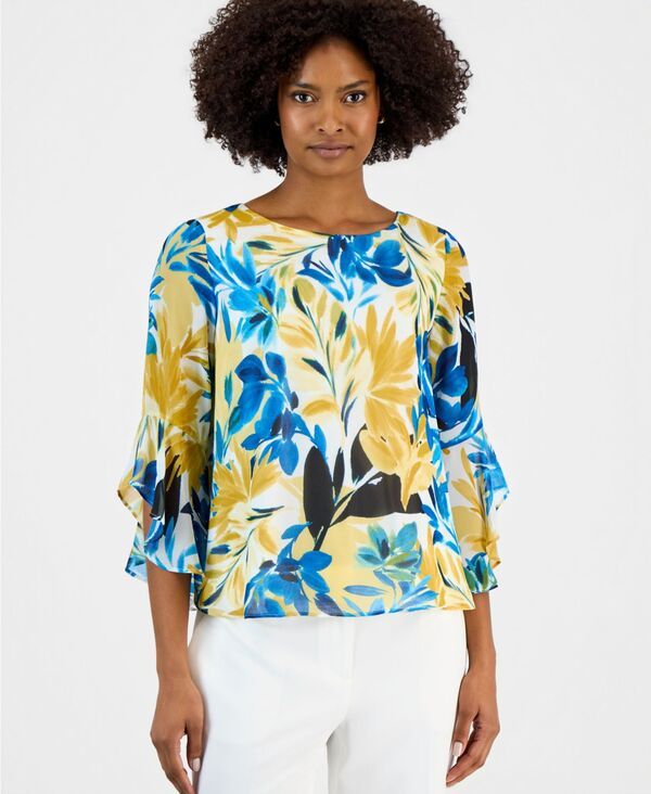 カスパール レディース トップス シャツ プチ フリル ブラウス Kasper Petite Boat Neck RuffleSleeve Blouse Butterscotch Multi マルチカラー 19,110円