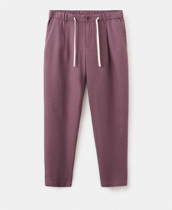 マンゴ メンズ ボトムス カジュアルパンツ コットン クロップド リネン MANGO MenslimFit Cropped CottonLinen Pants Plum プラム