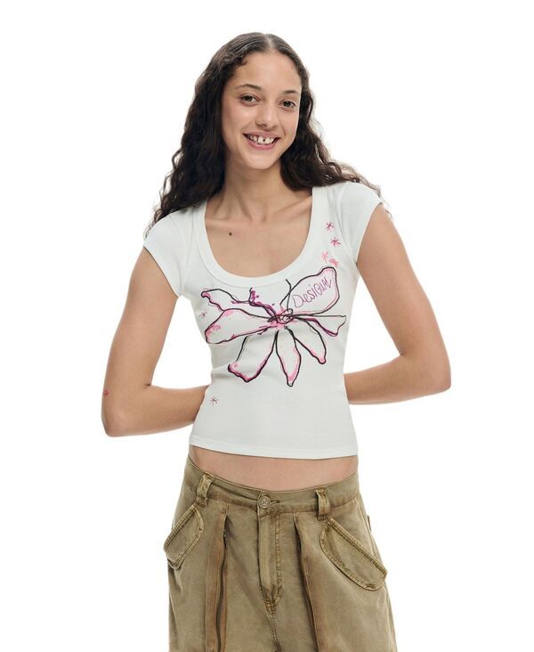 デジグアル レディース トップス Tシャツ Desigual Womens Fitted flower tshirt White ホワイト