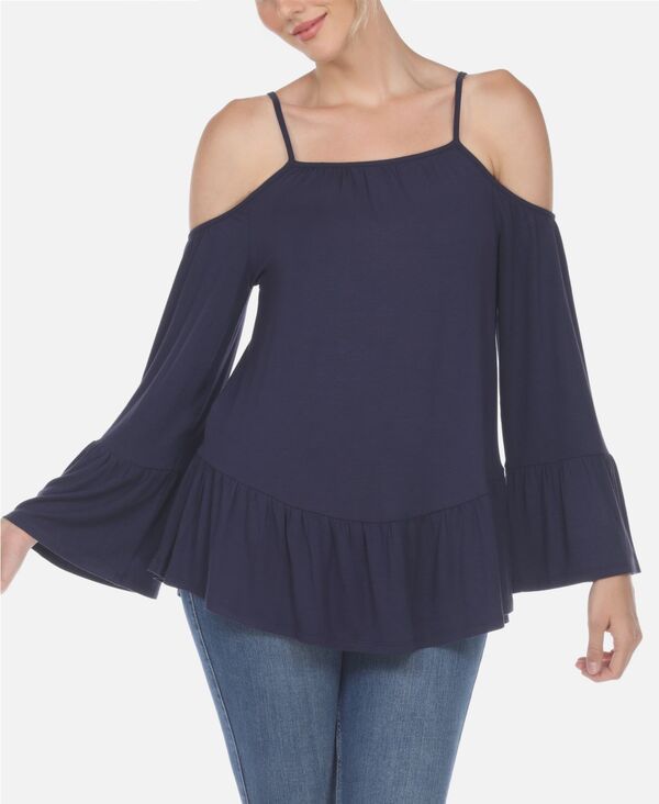 ホワイトマーク レディース トップス シャツ フリル White Mark Womens Cold Shoulderuffle Sleeve Top Navy ネイビー