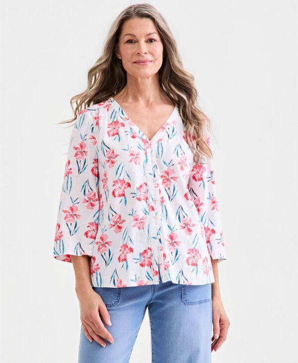 スタイルアンドコー レディース トップス シャツ プリント ブラウス リネン Style Co Womens Printed 34Sleeve Linen Blend Blouse Macys Exclusivemelia Garden White ホワイト
