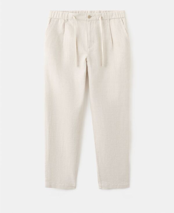 マンゴ メンズ ボトムス カジュアルパンツ コットン クロップド リネン MANGO MenslimFit Cropped CottonLinen Pants Ecru エクリュ