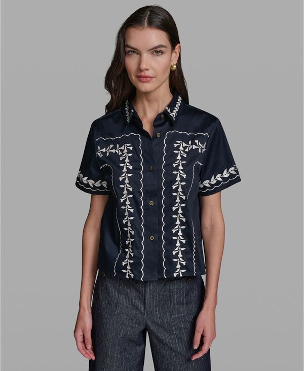カール ラガーフェルド レディース トップス シャツ 半袖 KARLAGERFELD PARIS WomenshortSleevembroidery Shirt Midnight