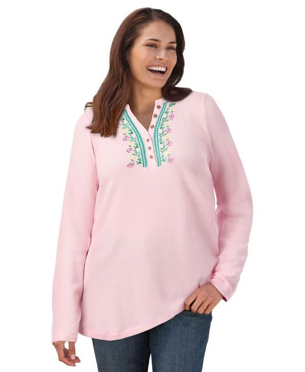 ウーマン ウィズイン レディース トップス シャツ プラスサイズ 刺繍 Woman Within Womens Plusizembroidered Thermal Henley Tee Pink vinembroidery ピンク