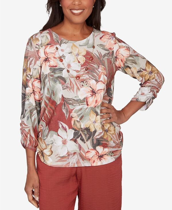 アルフレッド ダナー レディース トップス Tシャツ フラワー柄 プチ レース フラワー Alfredunner Petite Spice Market Dramatic Floral TShirt with Necklace Brown Multi ブラウン