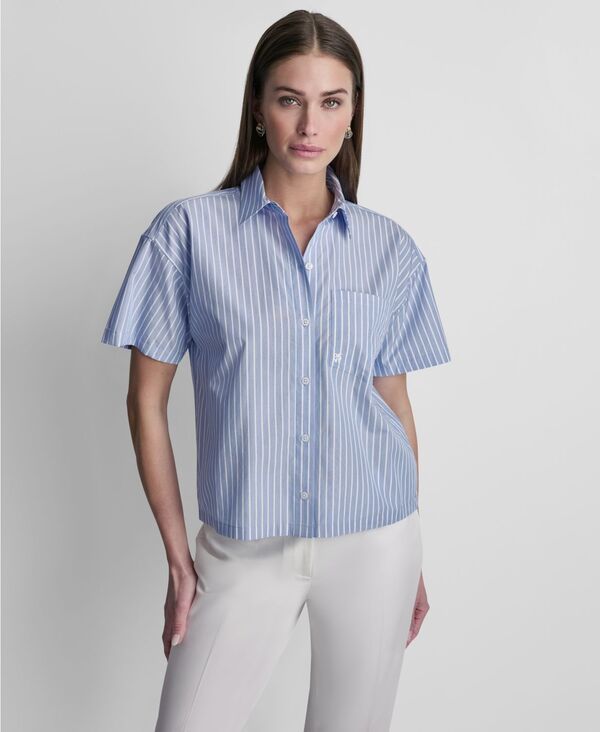 ダナ キャラン ニューヨーク レディース トップス シャツ 半袖 DKNY WomenshortSleeve Striped Poplin ButtonFront Shirt Bluewhite ホワイト