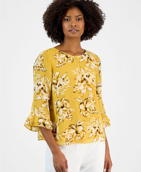 カスパール レディース トップス シャツ クルーネック プチ プリント フリル ブラウス Kasper Petite Crewneck RuffleSleeve Printed Blouse Butterscotch Multi マルチカラー
