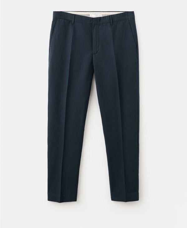 マンゴ メンズ ボトムス カジュアルパンツ コットン リネン MANGO MenslimFit Cotton Linen Trousers Navy ネイビー