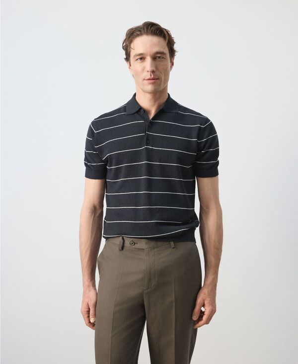 マンゴ メンズ トップス ポロシャツ リネン MANGO Menstriped LinenBlend Polo Shirt Navy ネイビー