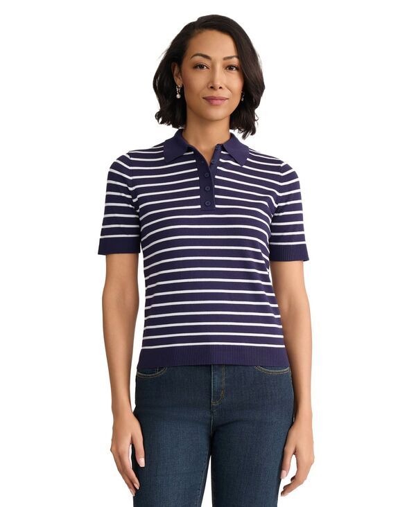 ジョーンズニューヨーク レディース トップス Tシャツ ポロシャツ 半袖 Jones New York WomenshortSleeve Striped Polo TShirt Pacific Navy ネイビー