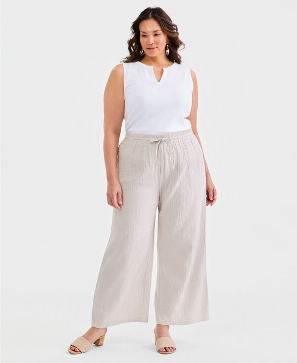 スタイルアンドコー レディース ボトムス カジュアルパンツ プラスサイズ コットン Style Co Plusize Cotton Gauze WideLeg Pants Macys Exclusive Stone Wall ストーン