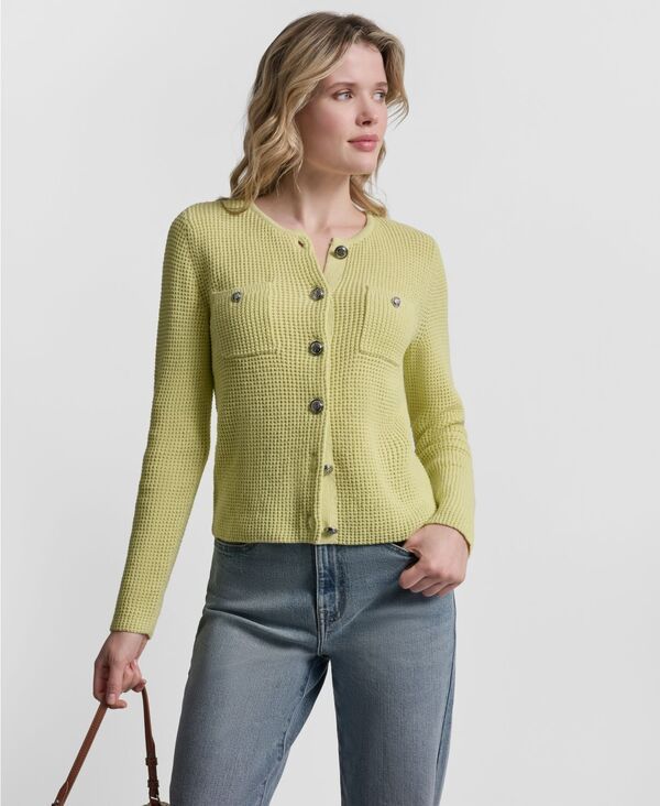 ダナキャランニューヨーク レディース アウター ニット・セーター クルーネック カーディガン 長袖 DKNY Jeans Womens LongSleeve Tuck Stitch Crewneck Cardigan Lemon Light