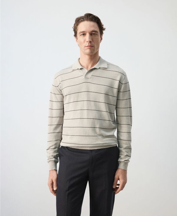 マンゴ メンズ アウター ニット・セーター ポロシャツ リネン MANGO Menstriped LinenBlend Polo Sweater Beige ベージュ