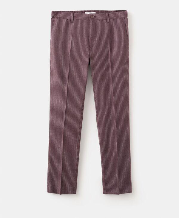マンゴ メンズ ボトムス カジュアルパンツ コットン リネン MANGO MenslimFit Striped LinenCotton Pants Plum プラム