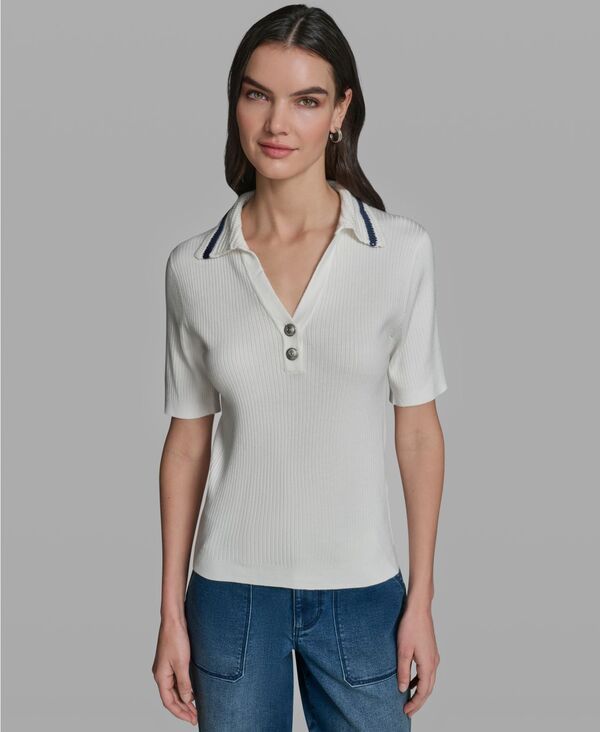 カール ラガーフェルド レディース アウター ニット・セーター 半袖 KARLAGERFELD PARIS WomenshortSleeve Collared Sweater Soft WhiteNaval Academy ホワイト