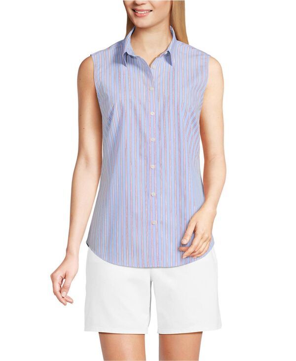 ランズエンド レディース トップス シャツ ノースリーブ Lands End Womens No Iron Sleevelesshirt Light sea bluered stripe ブルー