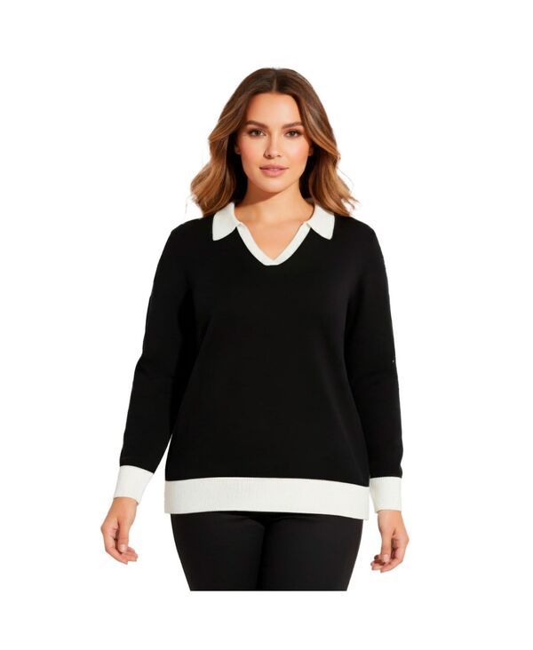 アベニュー レディース アウター ニット・セーター ポロシャツ プラスサイズ AVENUE Plusize Color Block Polo Sweater Black white colorblock ホワイト