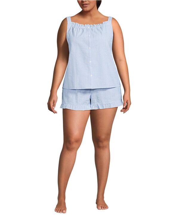 ランズエンド レディース アンダーウェア ナイトウェア プラスサイズ ショートパンツ Lands End Plusize Seersucker 2 Piece Pajama Set Tank and Shorts Misty blue pinstripe ブル