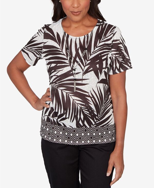 アルフレッド ダナー レディース トップス Tシャツ クルーネック プチ レース Alfredunner Petite Detail Driven Tropical Diamond Border Crewneck TShirt with Necklace Bl