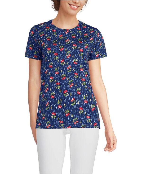 ランズエンド レディース トップス Tシャツ クルーネック コットン Lands End Womensupima Cotton Crewneck TShirt Cherriesdeep sea navy floral ネイビー