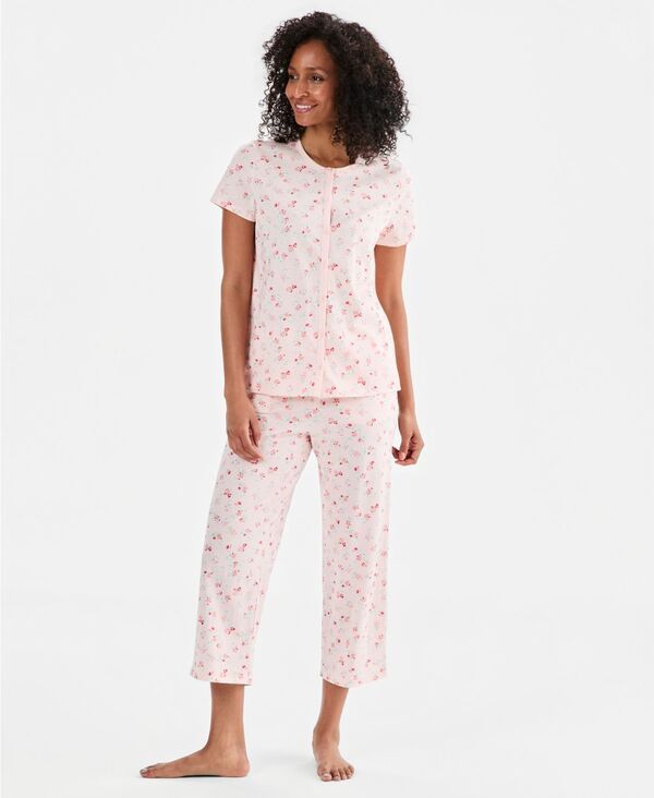 チャータークラブ レディース アンダーウェア ナイトウェア プリント コットン クロップド Charter Club Womens 2Piece Cotton Printed Cropped Pajama set Created for Macys Ashle