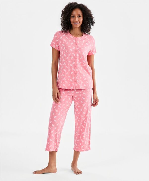 チャータークラブ レディース アンダーウェア ナイトウェア プリント コットン クロップド Charter Club Womens 2Piece Cotton Printed Cropped Pajama set Created for Macys Coral