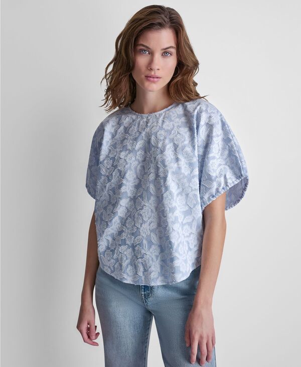 ダナキャランニューヨーク レディース トップス Tシャツ クルーネック プチ 半袖 DKNY Jeans Petite ShortSleeve Crew Neck Dolman TShirt Bluewhite Combo ホワイト