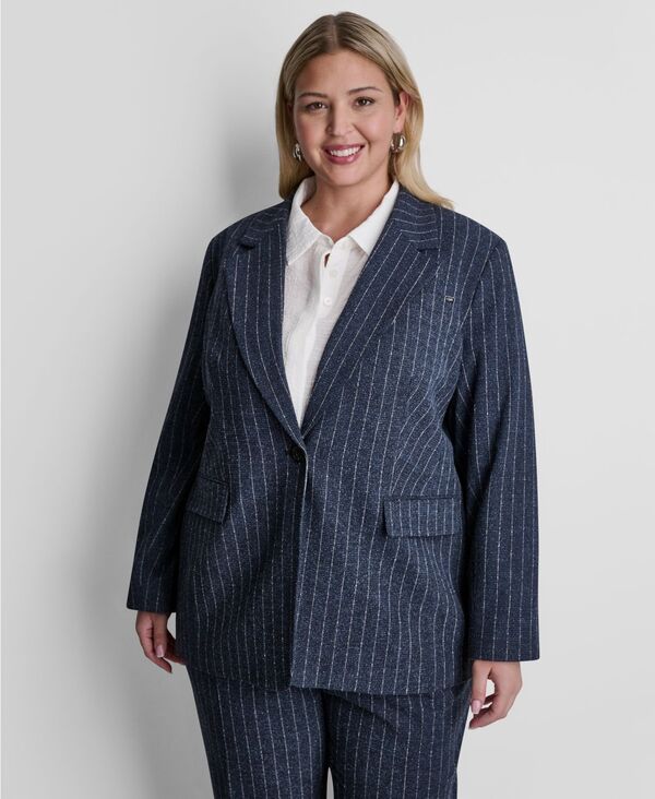 ダナ キャラン ニューヨーク レディース アウター ジャケット・ブルゾン プラスサイズ ブレザー 長袖 DKNY Plusize LongSleeve Pinstripe Oversize One Button Blazer NavyHampton Combo