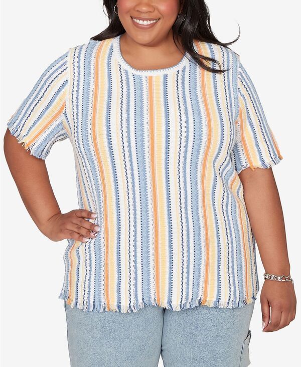 アルフレッド ダナー レディース トップス Tシャツ プラスサイズ フリンジ Alfredunner Plusize Out of the Blue Textured Fringe Stripe TShirt Blue Multi ブルー