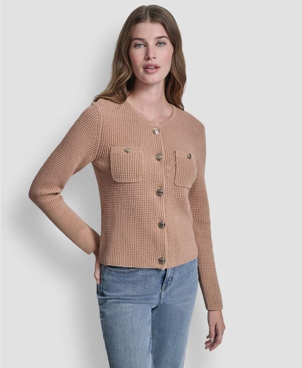 ダナキャランニューヨーク レディース アウター ニット・セーター クルーネック カーディガン 長袖 DKNY Jeans Womens LongSleeve Tuck Stitch Crewneck Cardigan Teak