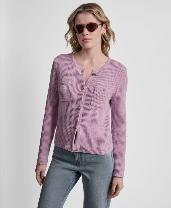 ダナキャランニューヨーク レディース アウター ニット・セーター クルーネック カーディガン 長袖 DKNY Jeans Womens LongSleeve Tuck Stitch Crewneck Cardigan Pink Lavender ピンク