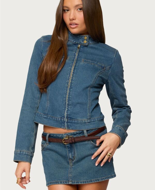 アディクテッド レディース アウター ジャケット・ブルゾン デニム Edikted Womens Josiee Stretchy Denimoto Jacket Bluewashed ブルー