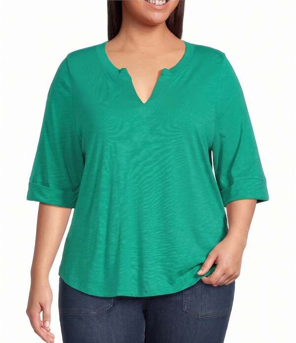 デモクラシー レディース トップス カットソー Vネック プラスサイズ ニット Democracy Plusize Knit Split VNeck Elbow Sleeve Top Deep Jade