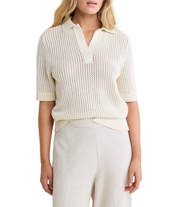 ニックアンドゾー レディース アウター ニット・セーター Vネック ポロシャツ メッシュ NIC ZOE Mesh Knit Polo VNeck Elbow Sleeve Top Sand サンド