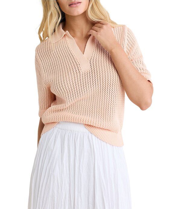 ニックアンドゾー レディース アウター ニット・セーター Vネック ポロシャツ メッシュ NIC ZOE Mesh Knit Polo VNeck Elbow Sleeve Top Orange Sherbert オレンジ