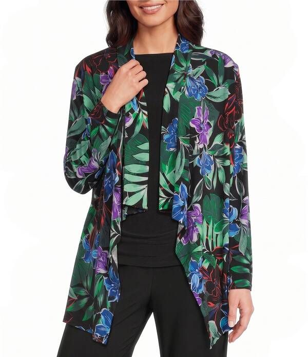 インベストメンツ レディース アウター コート プリント ジャケット Investmentsoft Separates Tropic Garden Print Long Sleeve Open Front Jacketropic Garden