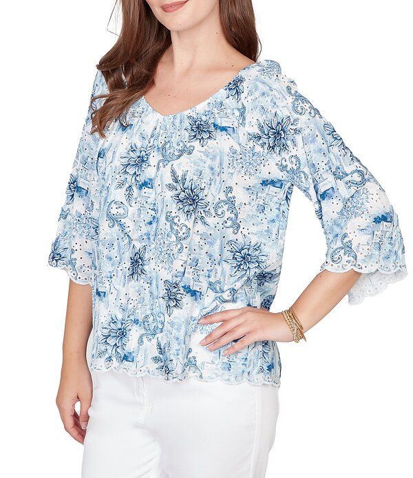 ルビーアールディー レディース トップス シャツ Vネック プリント Ruby Rd Woven Toile Print VNeck 34 Sleeve Allover Eyeletoporcelain Blue Multi ブルー