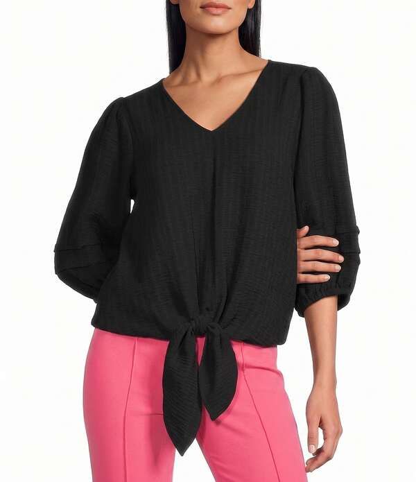 インベストメンツ レディース トップス シャツ Vネック プチ Investments Petite Size Textured Stripe Tie Front VNeck 34 Sleeve Top Black ブラック