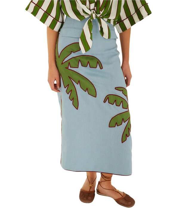 ファーム レディース ボトムスカート 刺繍 リネン マキシ Farm Rio Bluembroidered Palm Tree Mid Rise Linen Maxi Skirt Blue ブルー