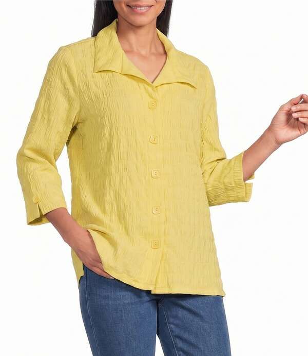 アリソン デイリー レディース トップス シャツ プチ ニット Allison Daley Petite Size 34 Sleeve Point Collar Button Front Knitop Yellow Pineapple イエロー