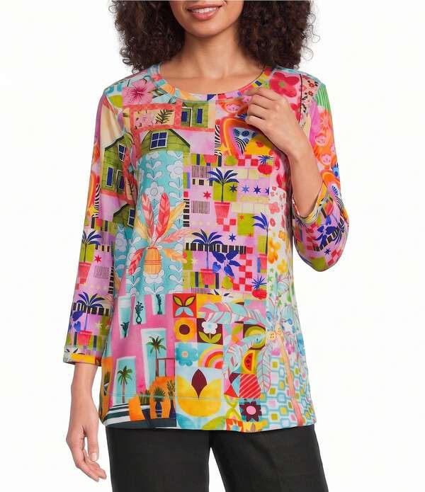 アリ マイルス レディース トップス カットソー プリント Ali Miles Pink Multi Print Round Nek 34 Sleeve Tunic Pink Print ピンク