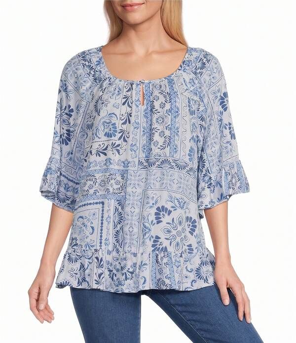 アリソン デイリー レディース トップス シャツ プリント パッチワーク ブラウス Allison Daley Patchwork Print 34 Flounce Sleeve Keyhole Neck Blouse Blue Bandana Patchwo