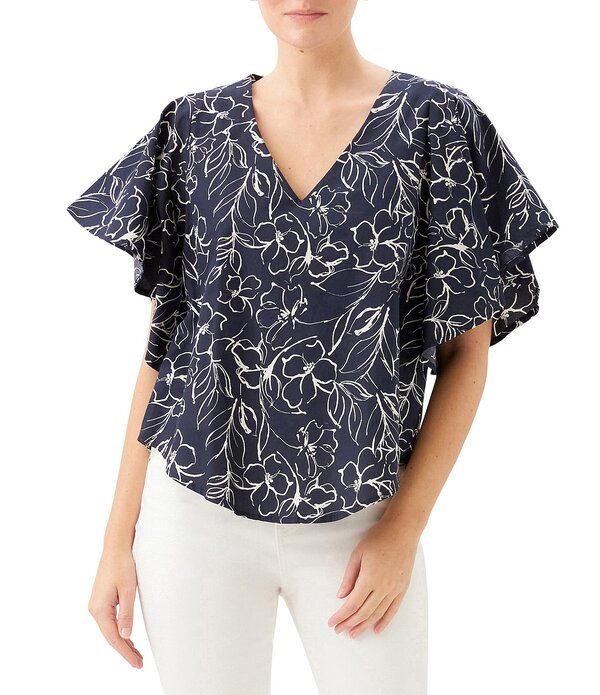 カレンケーン レディース トップス シャツ Vネック フラワー柄 フラワー Karen Kane Coordinating Poplin Floral VNeck Short Flutter Sleeve Toprint