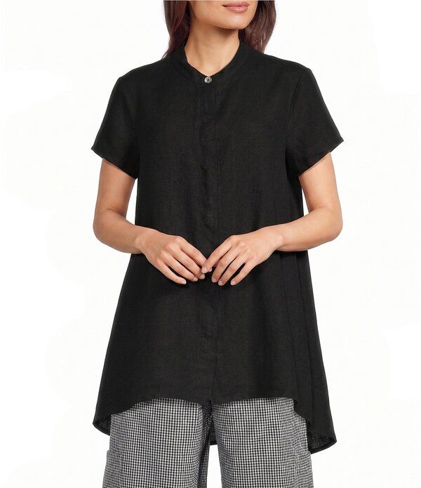 ブライン ウォーカー レディース トップス シャツ キャップ リネン Bryn Walker Willa Light Linen Mandarin Collar Cap Sleeve Curved Hem Tunic Black ブラック