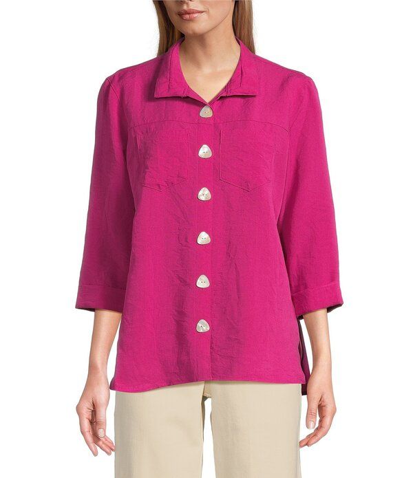 ジョン マーク レディース トップス シャツ プチ John Mark Petite Size Solid Woven 34 Sleeve Wire Collared Button Front Patch Pocket Camp Shirt Fuchsia フ