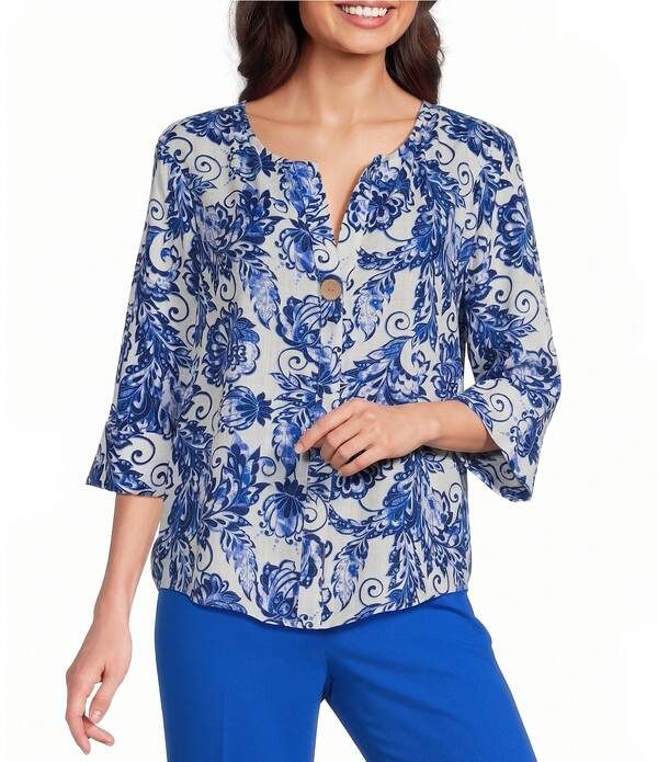 インベストメンツ レディース トップス シャツ Vネック フラワー柄 プリント フラワー Investments Floral Scroll Print 34 Sleeve Split VNeck Button Shirt Lapis Blue Floral