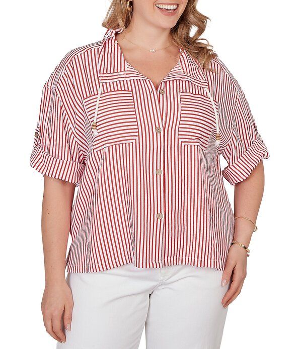 ルビーアールディー レディース アウター コート プラスサイズ ジャケット Ruby Rd Plusize Spliced Stripe Spread Collar 34 RollTab Sleeve ButtonFront Jacket RedWhite ホ